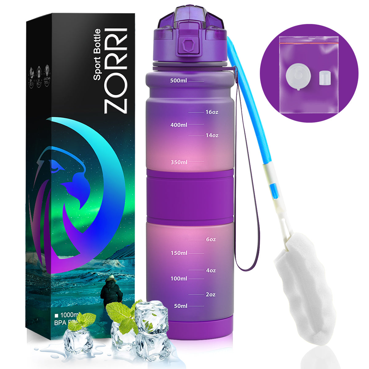 ZORRI 32OZ 1Liter Reusable BPA Free Sports Water Bottles, Lightweight Leak Proof Water Bottle with Cleaning Brush & Lock Feature Flip Top Lid for Kid School / Adults Workout, Gym, Cycling, Fitness, Gym, Yoga, Running, Camping