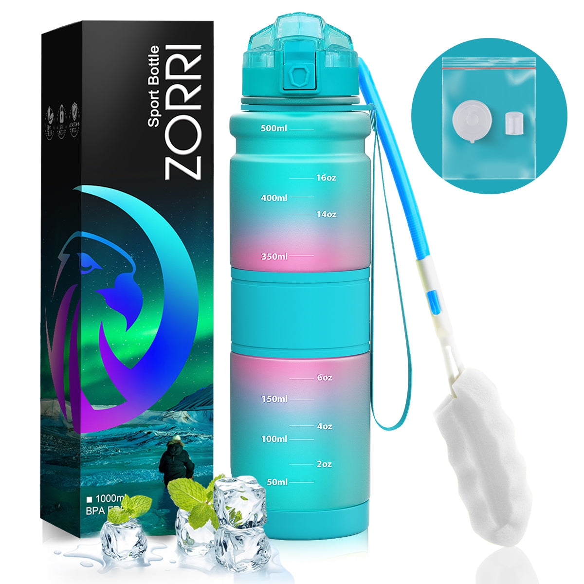 ZORRI 17OZ 500ml Reusable BPA Free Sports Water Bottles, Lightweight Leak Proof Water Bottle with Cleaning Brush & Lock Feature Flip Top Lid for Kid School / Adults Workout, Gym, Cycling, Fitness, Gym, Yoga, Running, Camping