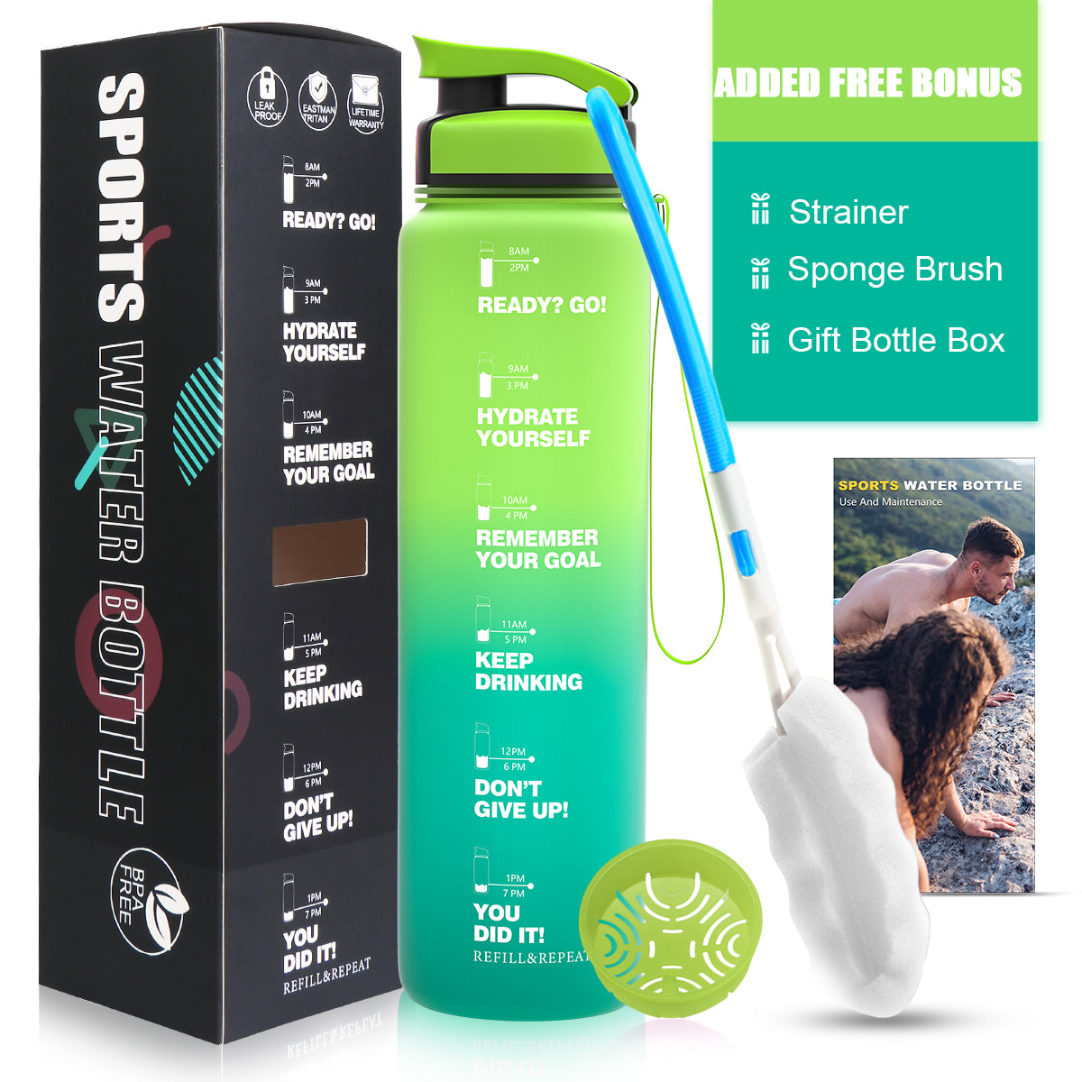 ZORRI 32 OZ Water Bottles With Time Marker & Meaurment Marked, BPA Free Leak Proof and Lightweight Water Bottle for Gym, Fitness, Workout, Kids School, Office, Cycling, Yoga, Camping