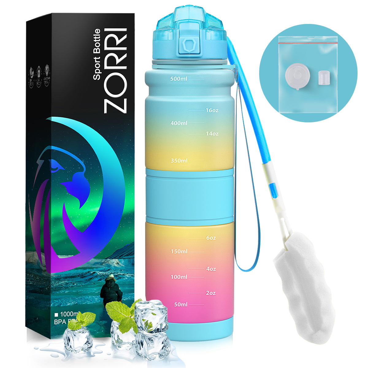 ZORRI 32OZ 1Liter Reusable BPA Free Sports Water Bottles, Lightweight Leak Proof Water Bottle with Cleaning Brush & Lock Feature Flip Top Lid for Kid School / Adults Workout, Gym, Cycling, Fitness, Gym, Yoga, Running, Camping