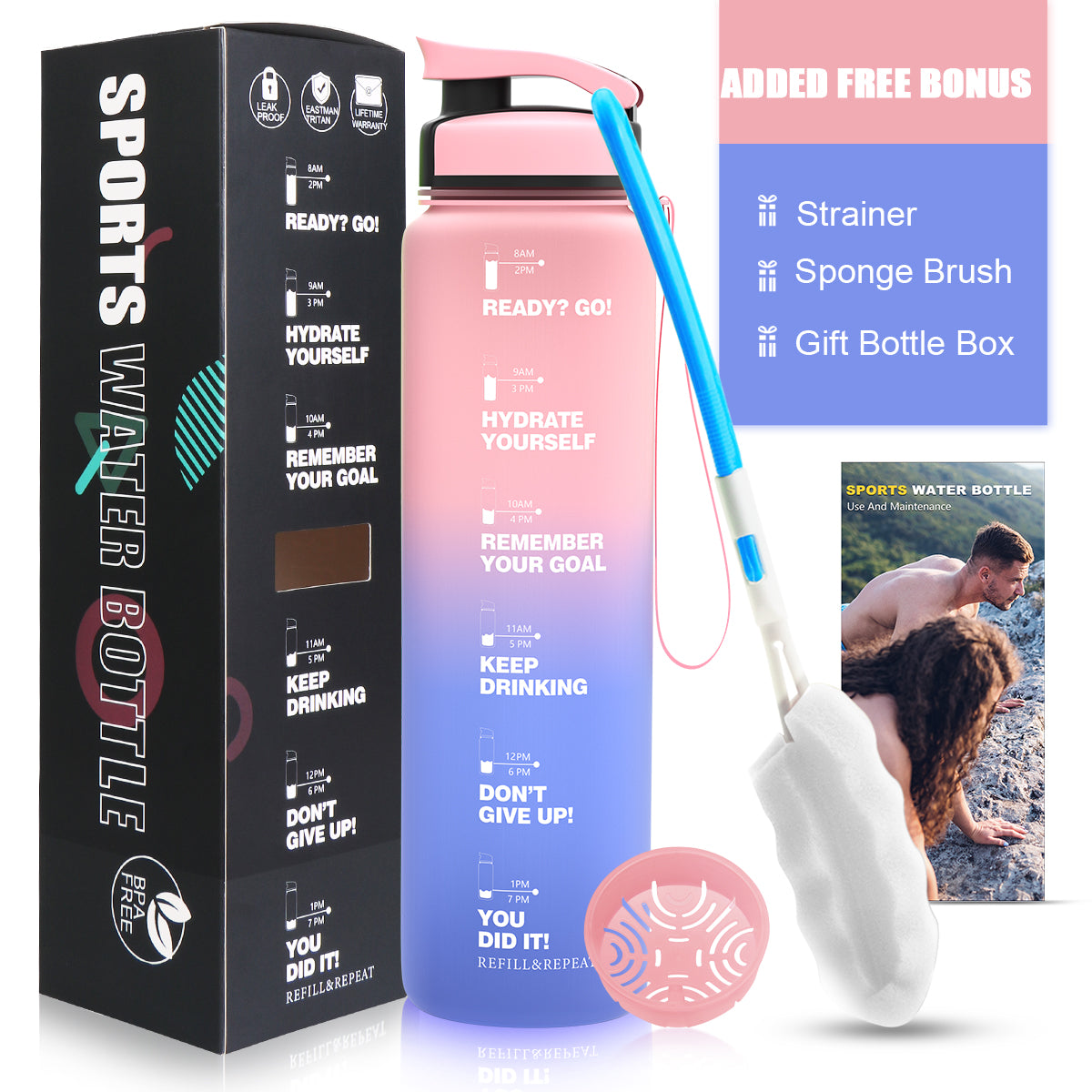 ZORRI 32 OZ Water Bottles With Time Marker & Meaurment Marked, BPA Free Leak Proof and Lightweight Water Bottle for Gym, Fitness, Workout, Kids School, Office, Cycling, Yoga, Camping