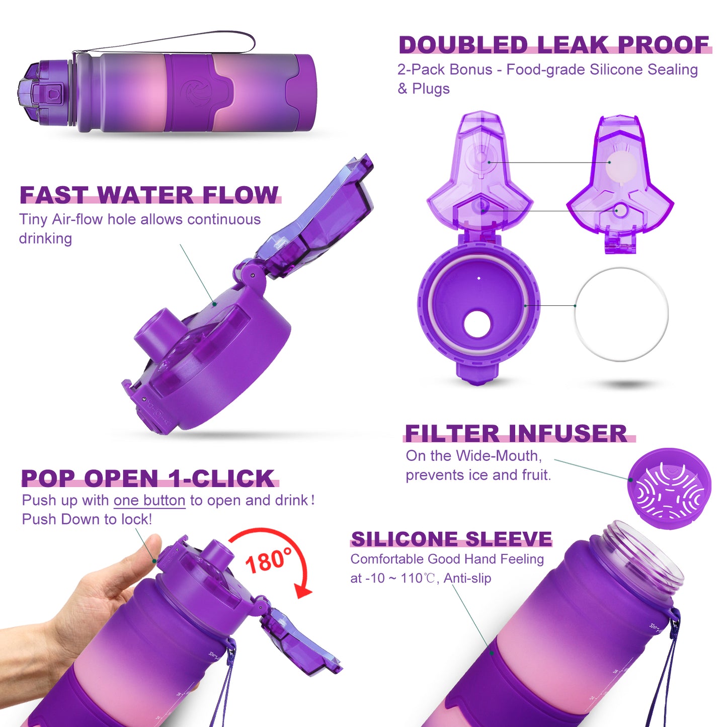 ZORRI 17OZ 500ml Reusable BPA Free Sports Water Bottles, Lightweight Leak Proof Water Bottle with Cleaning Brush & Lock Feature Flip Top Lid for Kid School / Adults Workout, Gym, Cycling, Fitness, Gym, Yoga, Running, Camping