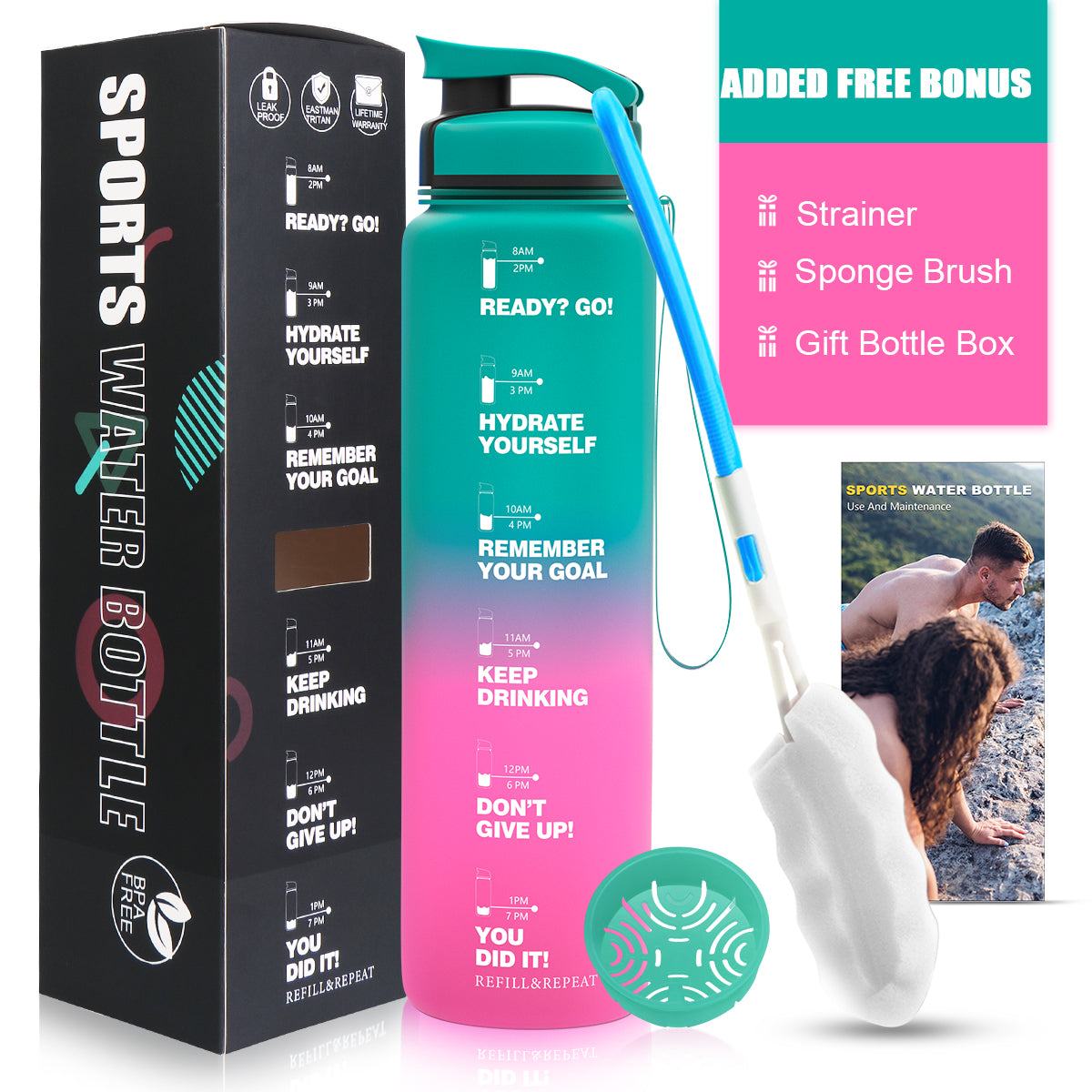 ZORRI 32 OZ Water Bottles With Time Marker & Meaurment Marked, BPA Free Leak Proof and Lightweight Water Bottle for Gym, Fitness, Workout, Kids School, Office, Cycling, Yoga, Camping
