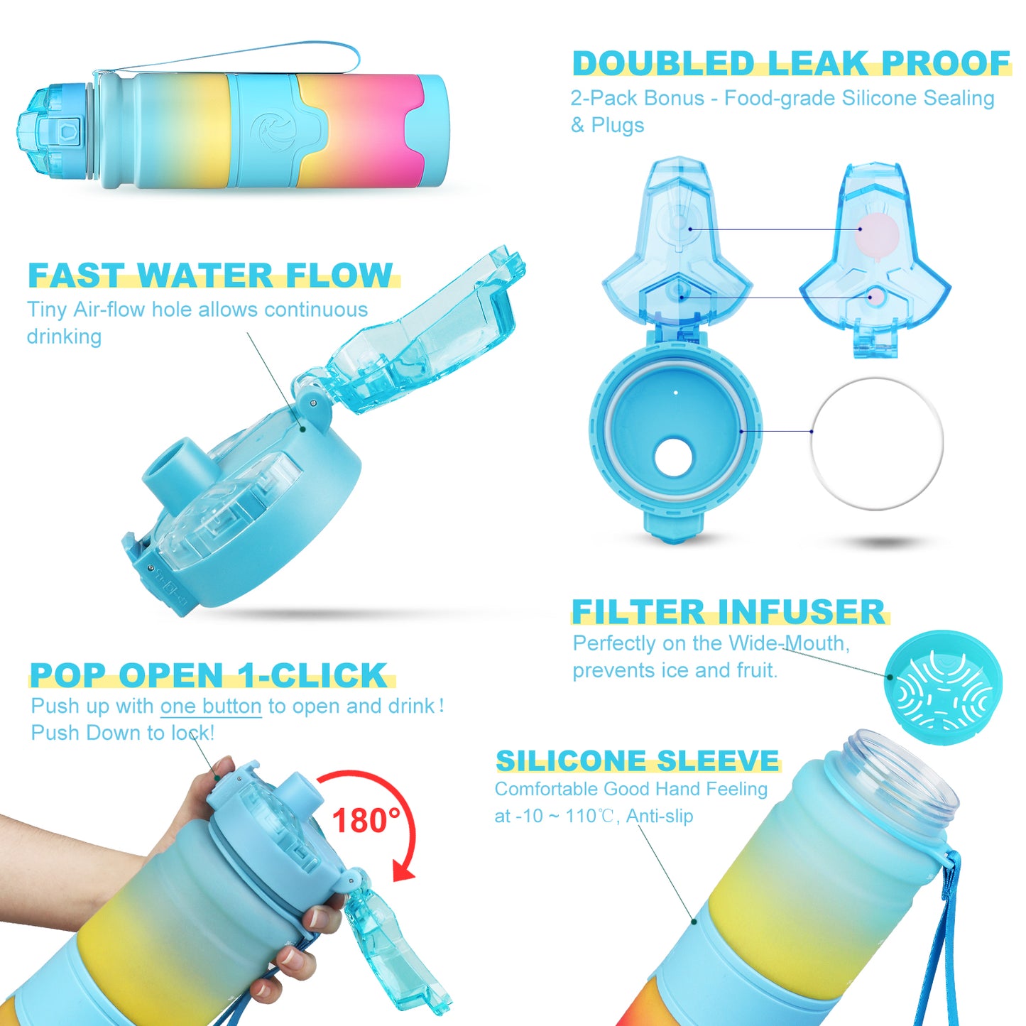 ZORRI 32OZ 1Liter Reusable BPA Free Sports Water Bottles, Lightweight Leak Proof Water Bottle with Cleaning Brush & Lock Feature Flip Top Lid for Kid School / Adults Workout, Gym, Cycling, Fitness, Gym, Yoga, Running, Camping
