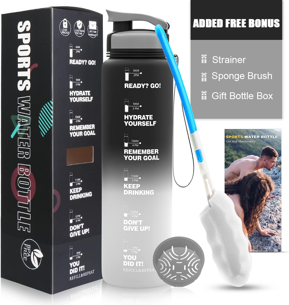 ZORRI 32 OZ Water Bottles With Time Marker & Meaurment Marked, BPA Free Leak Proof and Lightweight Water Bottle for Gym, Fitness, Workout, Kids School, Office, Cycling, Yoga, Camping