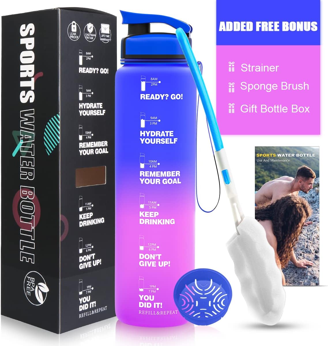 ZORRI 32 OZ Water Bottles With Time Marker & Meaurment Marked, BPA Free Leak Proof and Lightweight Water Bottle for Gym, Fitness, Workout, Kids School, Office, Cycling, Yoga, Camping