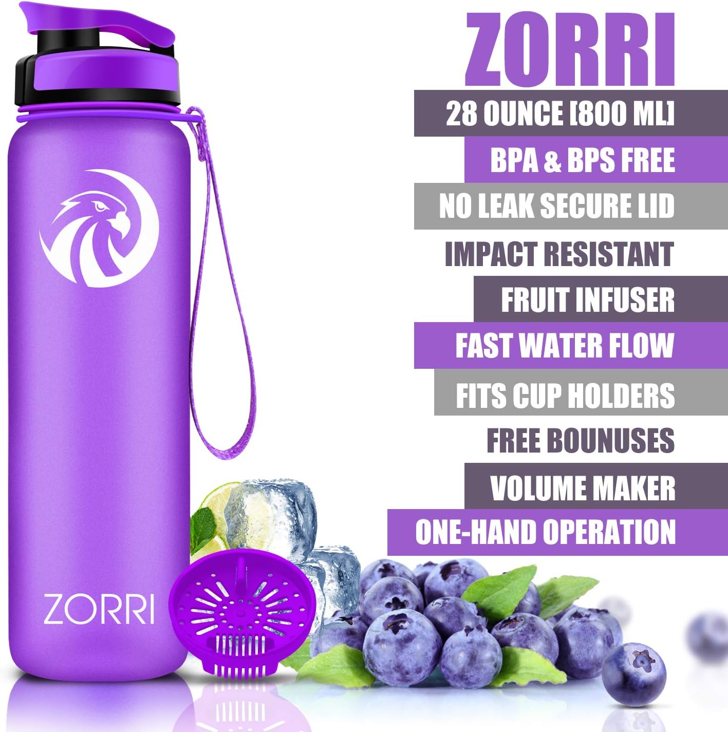 ZORRI 28 oz Water Bottle with Sponge Cleaning Brush & Strainer, Leakproof BPA & Toxic Free,Lightweight Drinking Water Bottles with Nylon Carrying Strap, Ensure You Drink Enough Water for Fitness Gym Outdoor