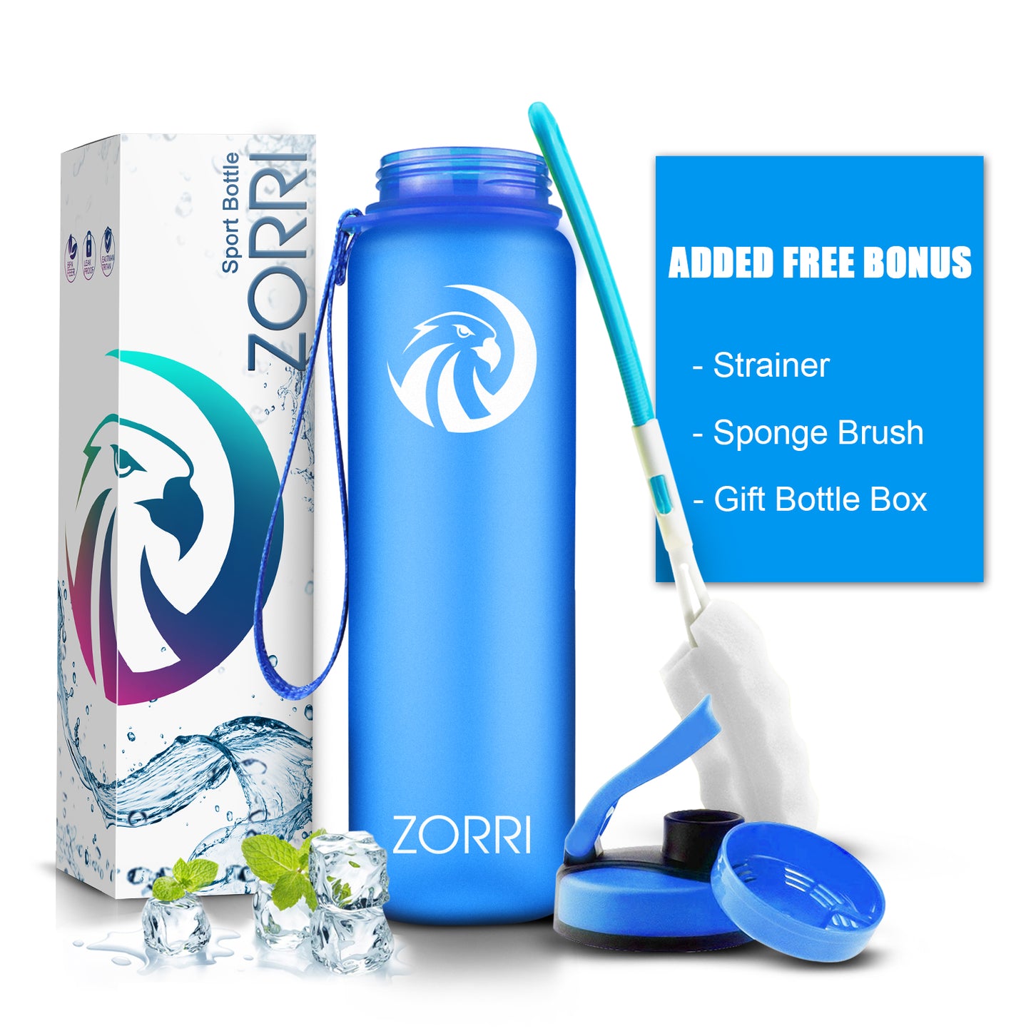 ZORRI 28 oz Water Bottle with Sponge Cleaning Brush & Strainer, Leakproof BPA & Toxic Free,Lightweight Drinking Water Bottles with Nylon Carrying Strap, Ensure You Drink Enough Water for Fitness Gym Outdoor