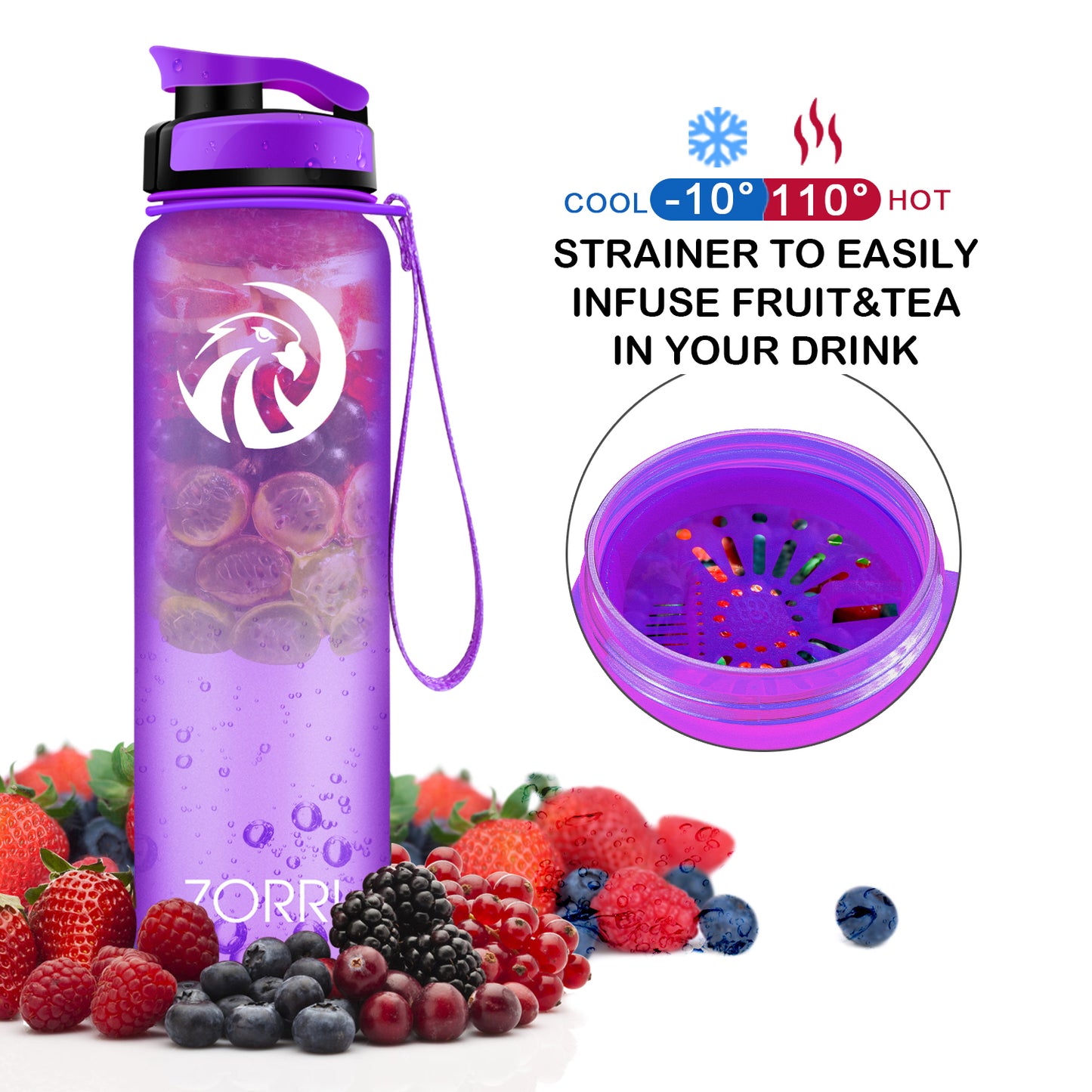ZORRI 28 oz Water Bottle with Sponge Cleaning Brush & Strainer, Leakproof BPA & Toxic Free,Lightweight Drinking Water Bottles with Nylon Carrying Strap, Ensure You Drink Enough Water for Fitness Gym Outdoor