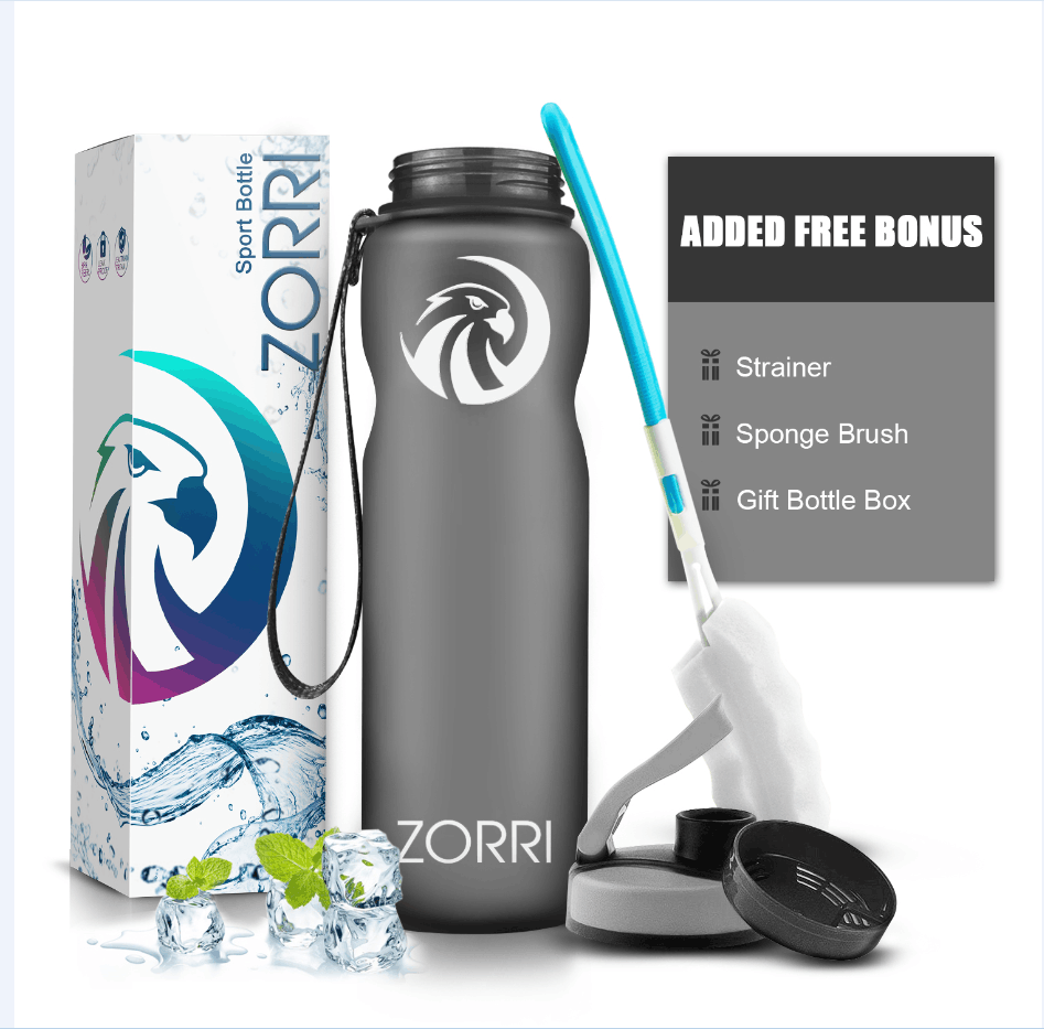ZORRI 32 oz Water Bottle with Cleaning Brush & Strainer, Leakproof BPA & Toxic Free Lightweight Drinking Water Bottles with Carrying Strap, Ensure You Drink Enough Water for Fitness Gym Outdoor