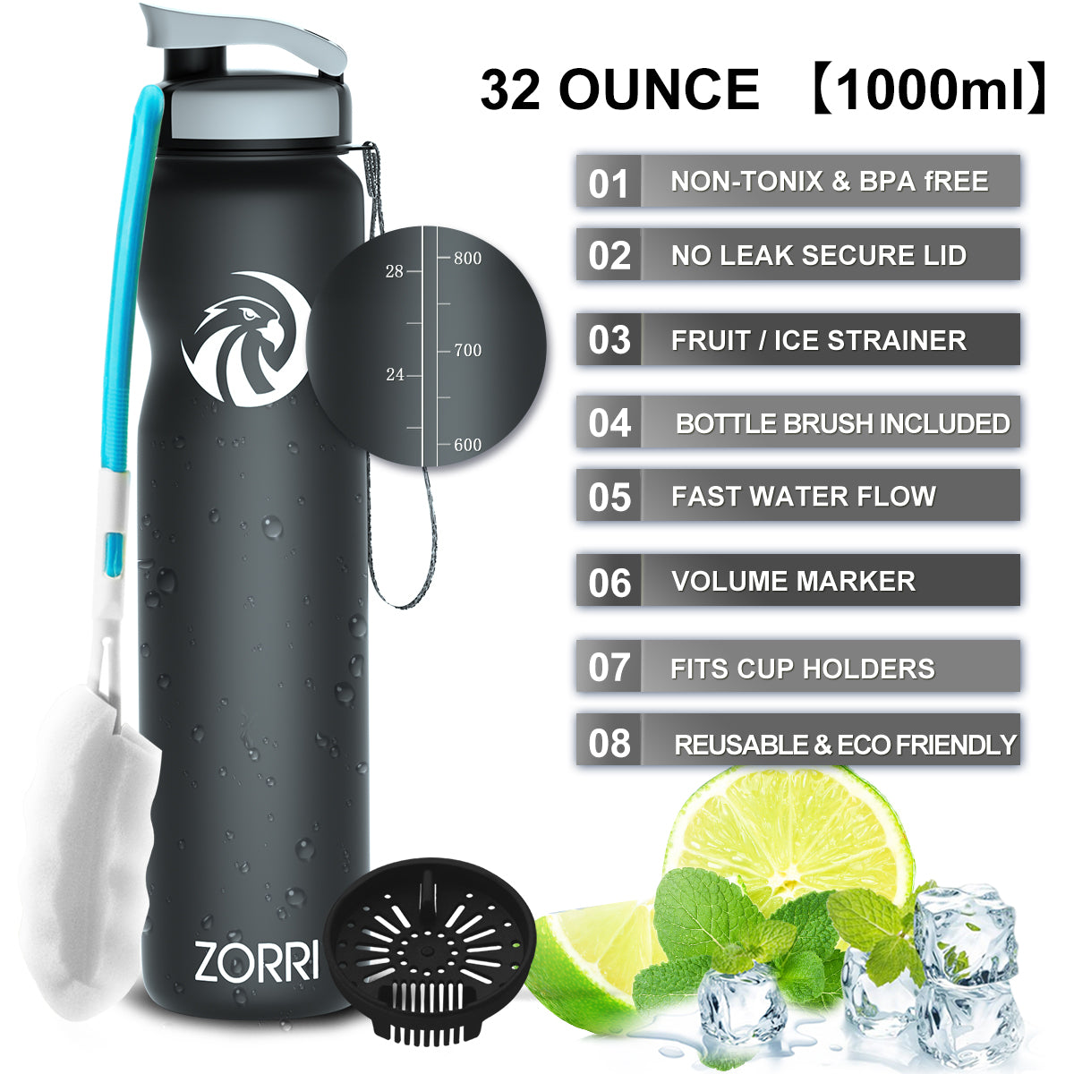 ZORRI 32 oz Water Bottle with Cleaning Brush & Strainer, Leakproof BPA & Toxic Free Lightweight Drinking Water Bottles with Carrying Strap, Ensure You Drink Enough Water for Fitness Gym Outdoor
