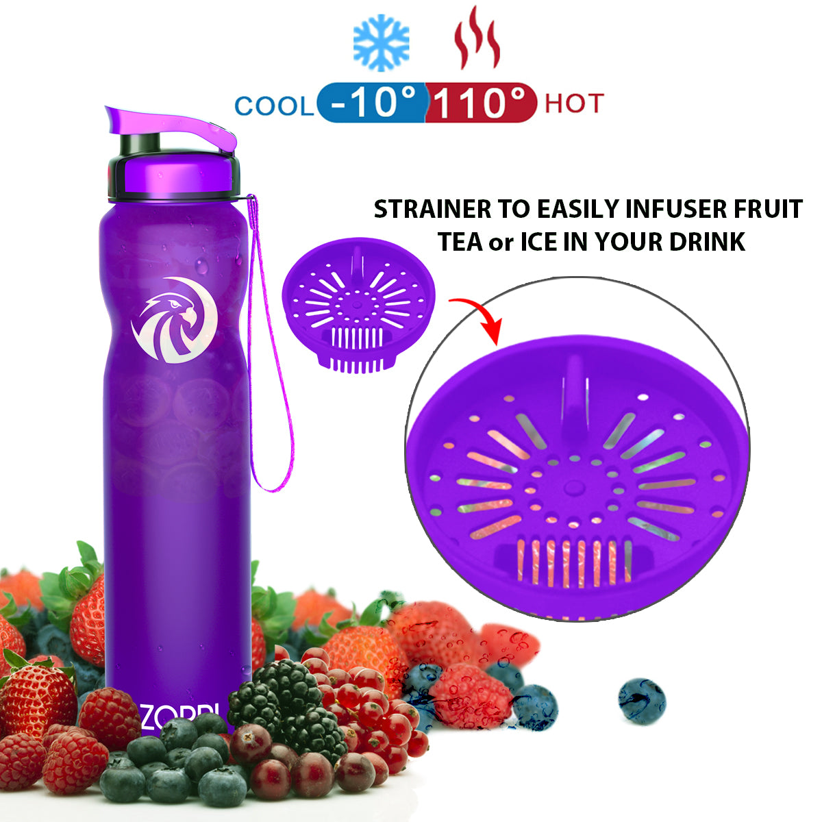 ZORRI 32 oz Water Bottle with Cleaning Brush & Strainer, Leakproof BPA & Toxic Free Lightweight Drinking Water Bottles with Carrying Strap, Ensure You Drink Enough Water for Fitness Gym Outdoor