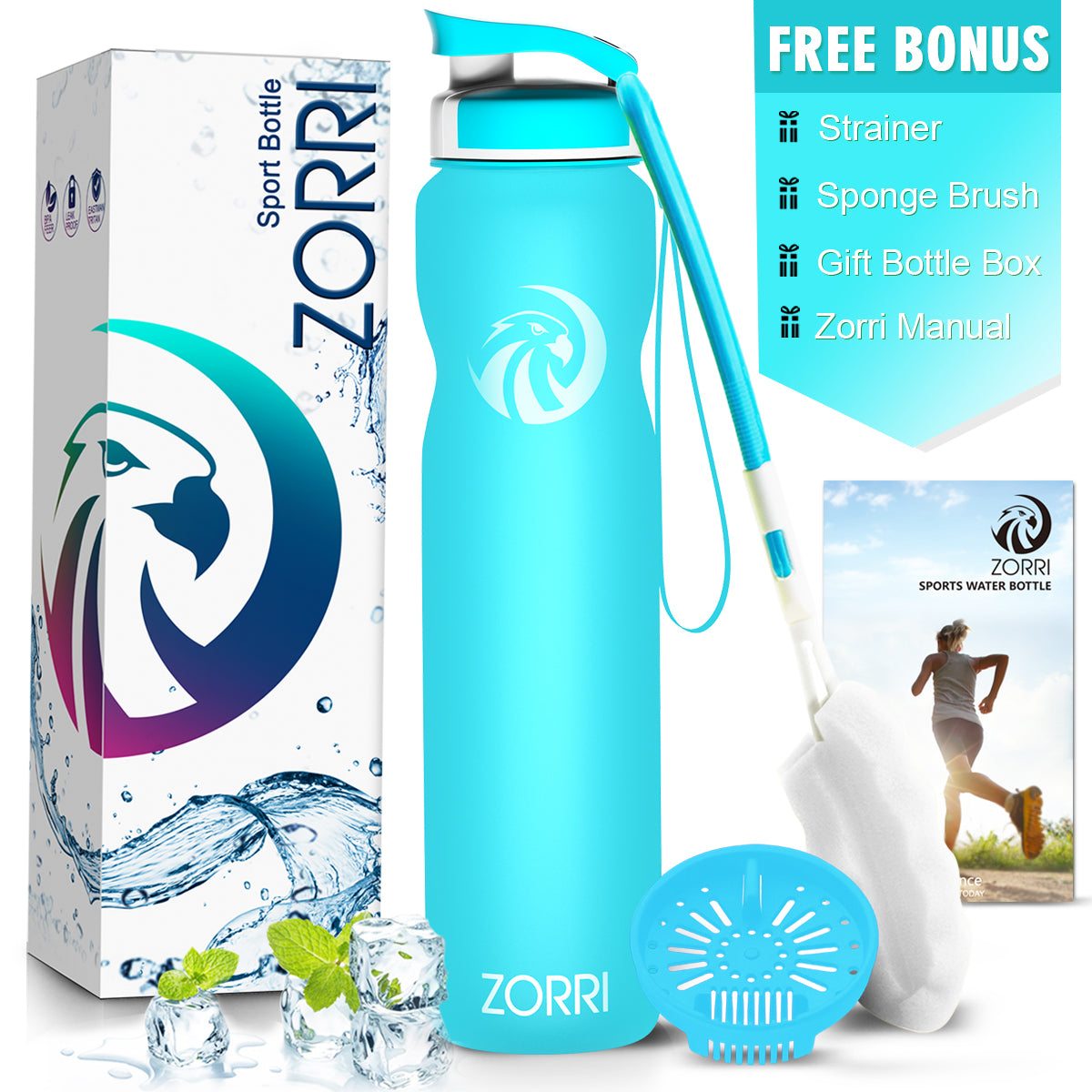 ZORRI 32 oz Water Bottle with Cleaning Brush & Strainer, Leakproof BPA & Toxic Free Lightweight Drinking Water Bottles with Carrying Strap, Ensure You Drink Enough Water for Fitness Gym Outdoor