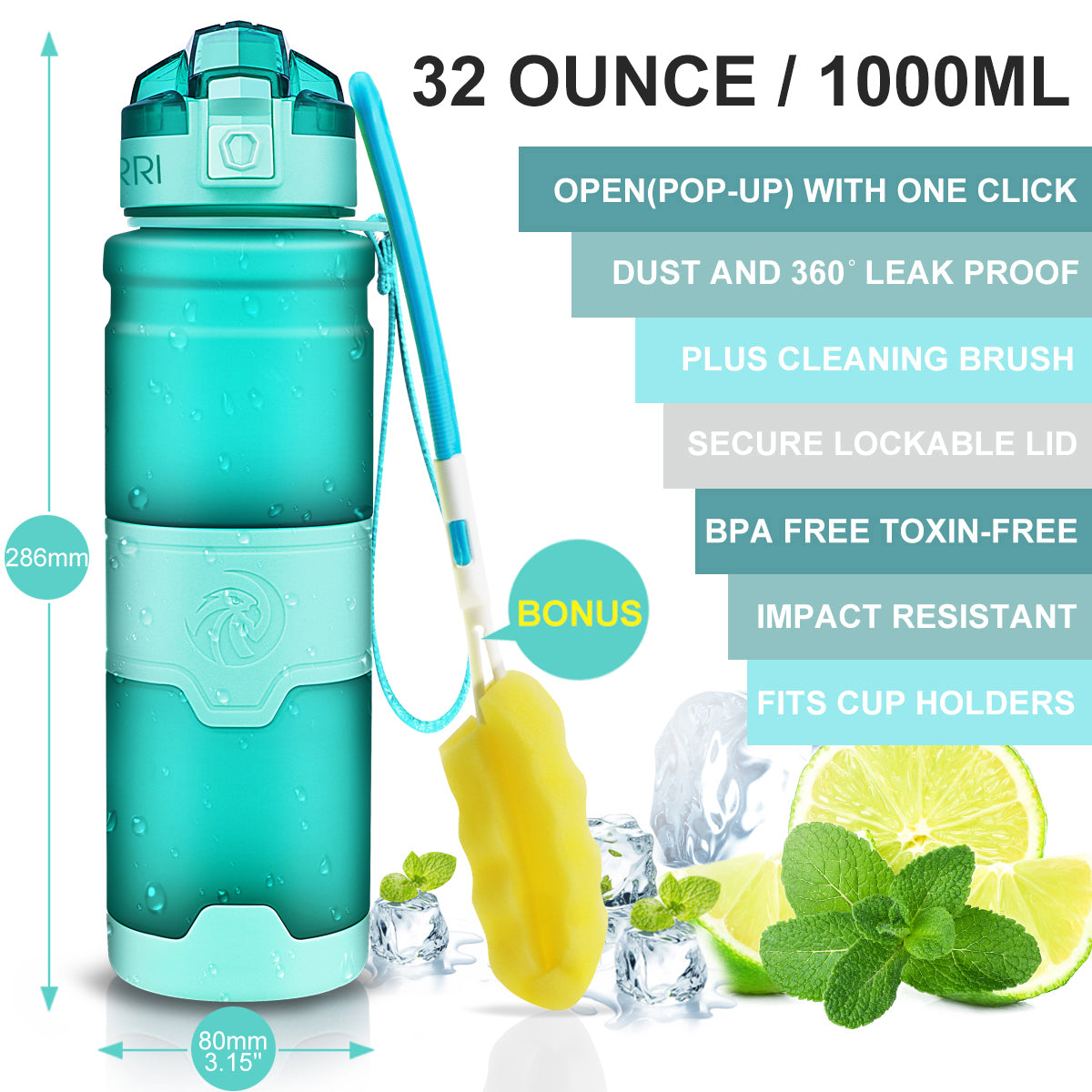 32 oz Clear, BPA Free Sports Water Bottle