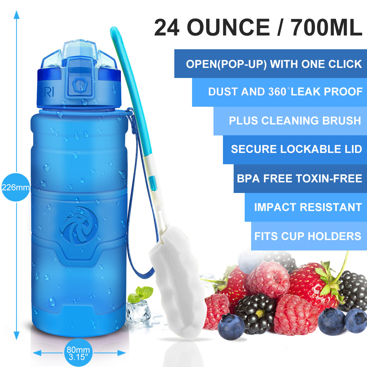 ZORRI BPA Free Sports Water Bottles, 24oz / 700ML Lightweight Reusable Water Bottle for Gym, Fitness, Workout, Yoga, Running, Kids School...